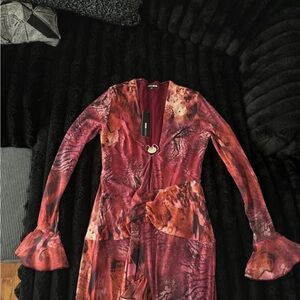 Fashion Nova Red Print Long Sleeve Wrap Dress